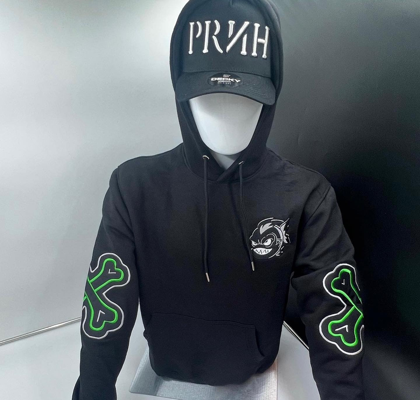 PRNH  Pullover Fleece x “Shadow” - Bones Embroidery Patch w/ Piranha hood ****SOLD OUT**