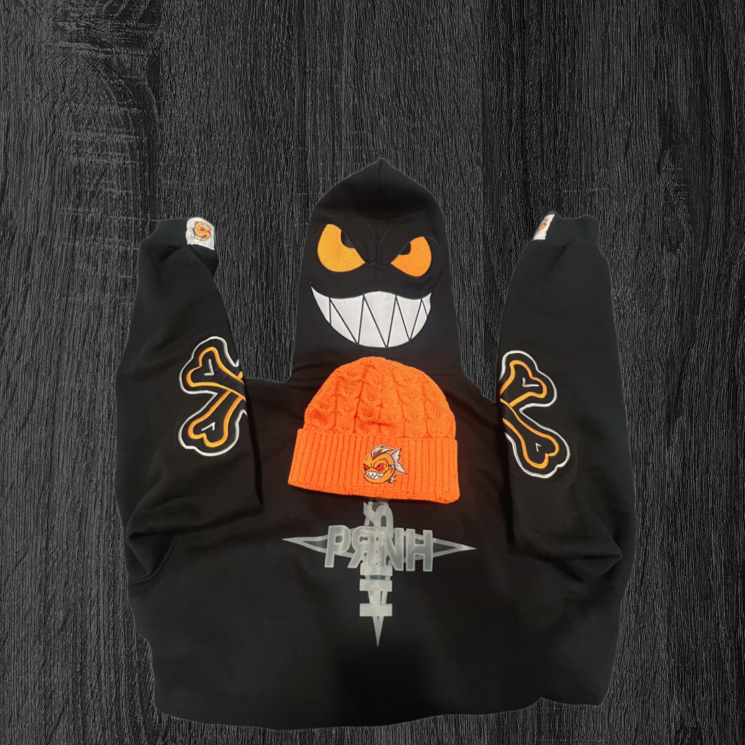 PRNH  Pullover Fleece x “Rust” - Bones Embroidery Patch w/ Piranha hood