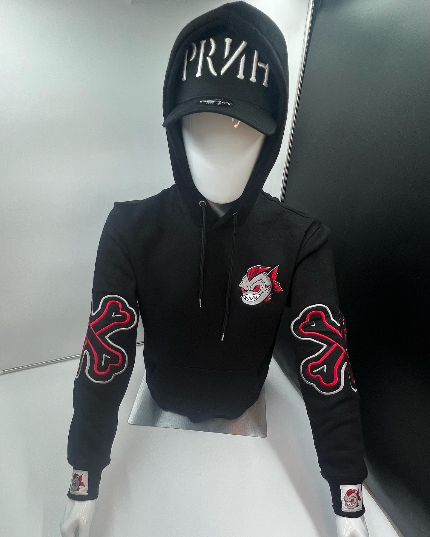 PRNH  Pullover Fleece x “Crimson”- Bones Embroidery Patch w/ Piranha hood***SOLD OUT**