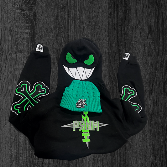 PRNH  Pullover Fleece x “Shadow” - Bones Embroidery Patch w/ Piranha hood