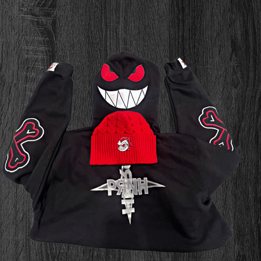 PRNH  Pullover Fleece x “Crimson”- Bones Embroidery Patch w/ Piranha hood